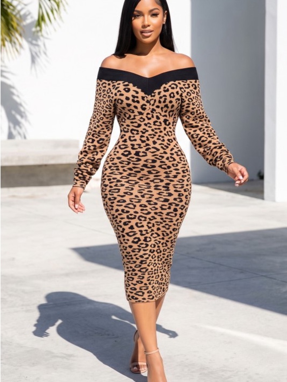 Off-Shoulder Leopard Print Bodycon Dress - Camel/Black D-61794-LEO